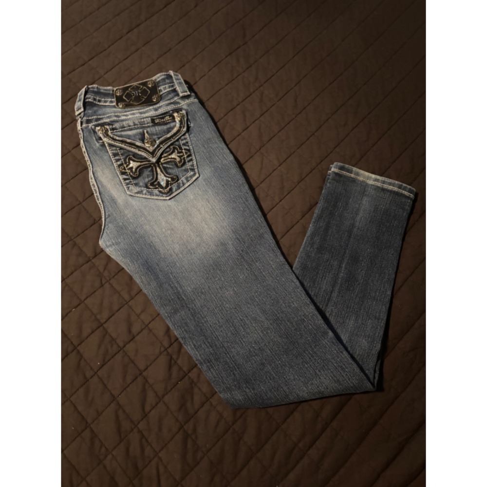 Miss Me‎ Mid Rise Skinny Jeans 28 Blue Embellished Sequined Cross MP7057S2